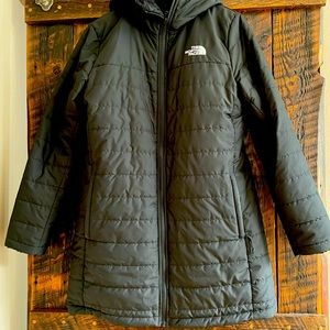 North face reversible black long hooded winter coat.